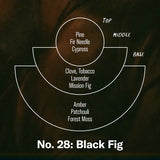 graph of scent profile. “black fig: base note of amber, patchouli, and forest moss. middle note of clove, tobacco, lavender, and mission fig. top note of pine, fir needle, and cypress. 