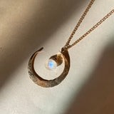 Rainbow Moonstone Crescent Moon Necklace