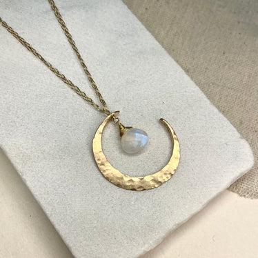 Rainbow Moonstone Crescent Moon Necklace