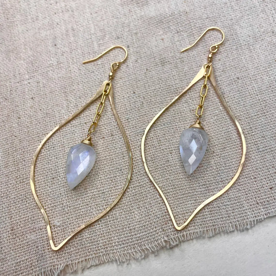 Hammered Petal Moonstone Drop Earrings