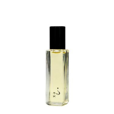 small clear glass roll-on perfume bottle with a black top and a question mark on the glass￼