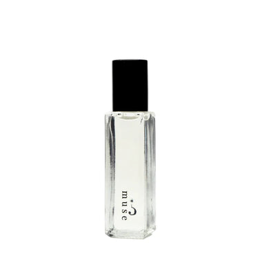 Small rectangular clear perfume bottle with black top and black question mark On bottle with white background