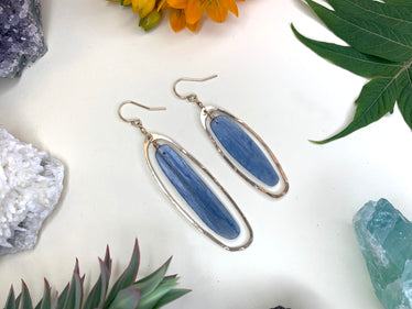 Two gold earrings laying flat on white background. The earrings feature two blue kyanite blades of asymmetrical size framed by gold hammered metal matching the shape of each kyanite. 