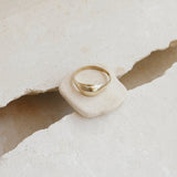 detail shot of gold cairo ring. thin gold band with bulging circular shape in the top front. 