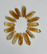 cluster of double sided citrine points laid in a circle on a white background￼