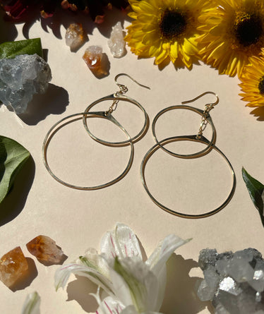 two double circle hoop earrings laying flat on cream background with crystals and flowers￼