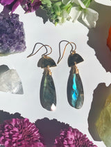 Single stone drop earrings in gold and labradorite