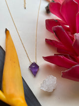 amethyst kite shaped stone with gold dainty chain