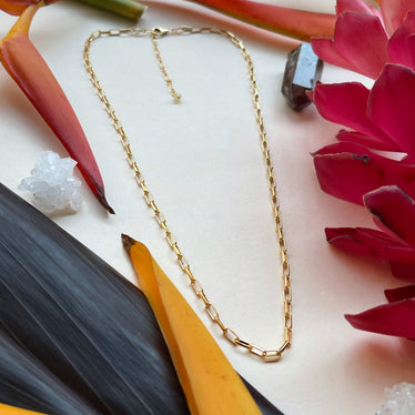 Decorative shot of chain next to flowers and crystals