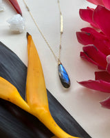 Detail shot of labradorite pendant showing deep blue flash and faceted light reflections