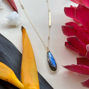 Detail shot of labradorite pendant showing deep blue flash and faceted light reflections