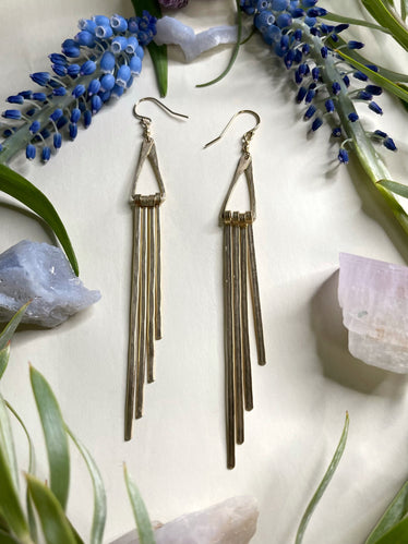 ￼earrings show small metal triangle shapes holding 4 long pieces of hammered metal fringe dangling from bottom in descending lengths 