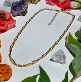 flat lay image of full Figaro chain necklace on white background surrounded by flowers￼