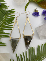 hammer triangle stone drop earrings on white background with fern and crystals￼
