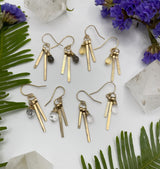 four pairs of hammered fringe Herkimer diamond earrings showing stone options which are labradorite citrine Herkimer diamond and clear quartz￼