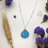 Detail shots of sequin Shane drop necklace with blue chalcedony and sterling silver